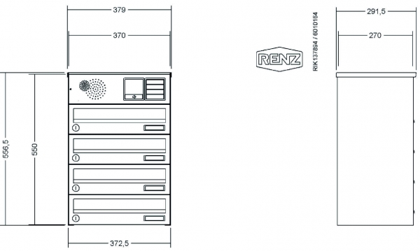 RENZ Briefkastenanlage Aufputz, Verkleidung Basic B, Kastenformat 370x110x270mm, 4-teilig, Vorbereitung Gegensprechanlage